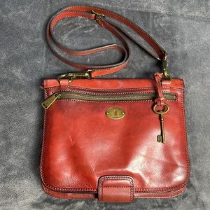 Fossil Red Leather Crossbody with Key Charm Accent